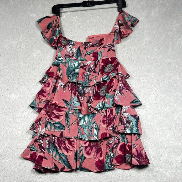 For Love and Lemons Flamenco Mini Dress M Pink Tiered Ruffle Off the Shoulder - Picture 7 of 10